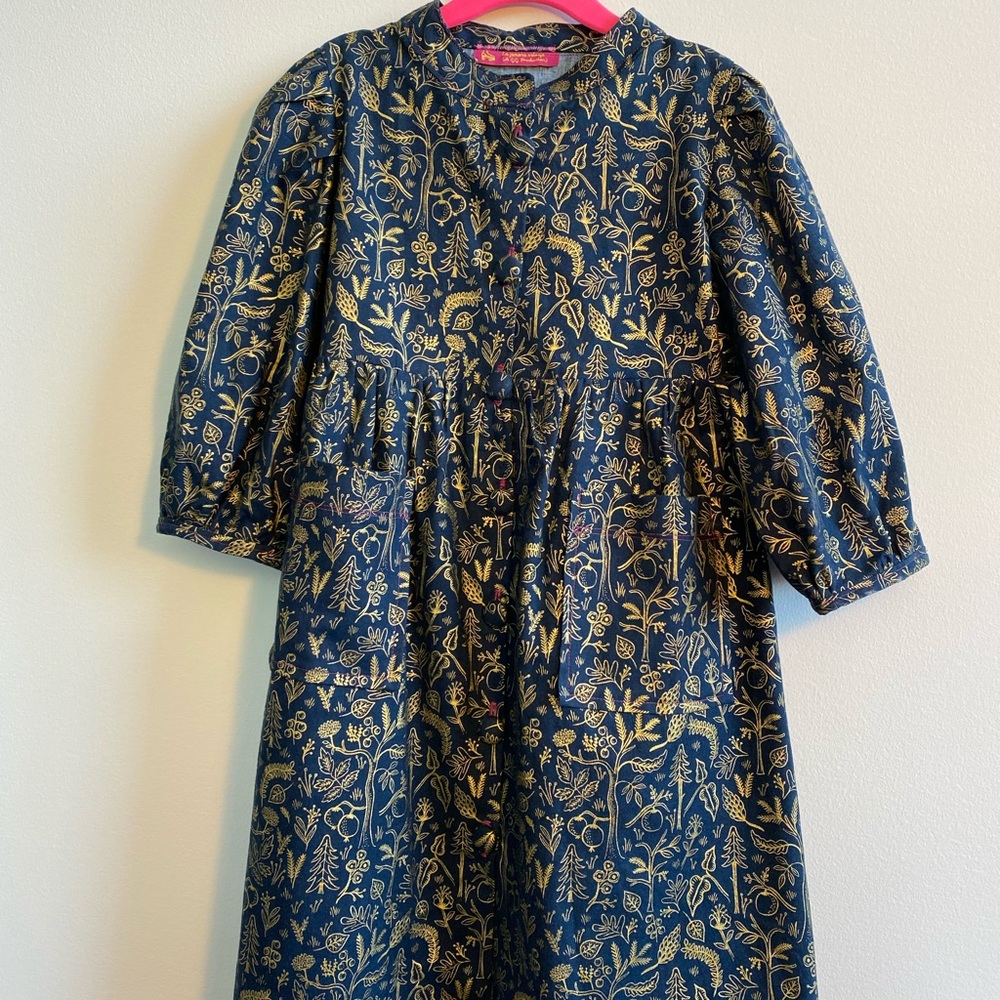 Hand sewn, winter woodland dress mixed sizes (waist 6T and length 8T)